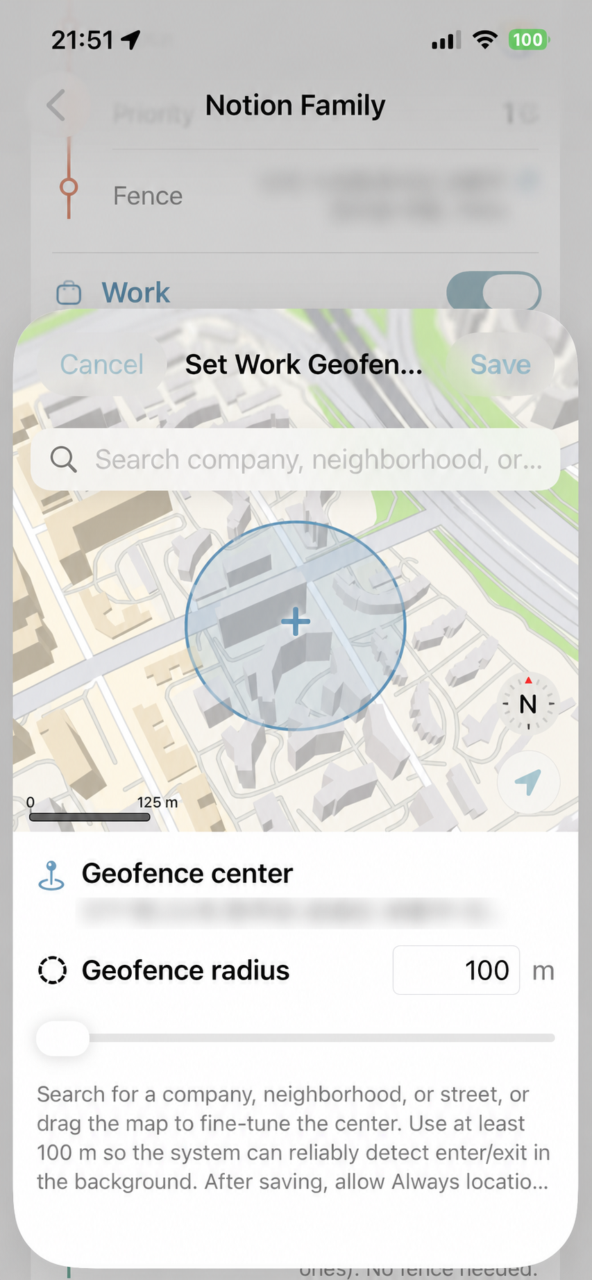Choose a Work geofence on the map